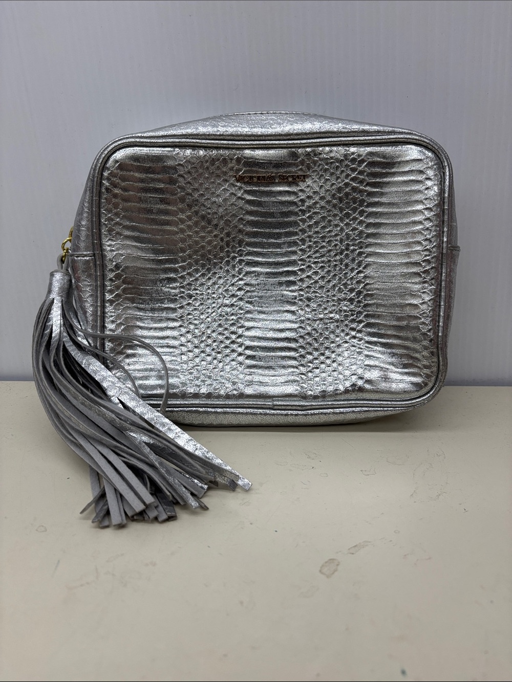 Victoria's Secret Metallic Silver Textured Cosmetic Crossbody with Tassel